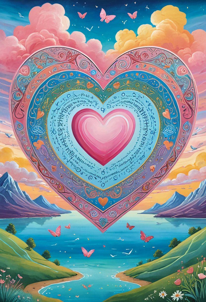 A whimsical heart-shaped shield symbolizing love insurance, adorned with various currency symbols and quotes floating around it. In the background, a peaceful landscape with couples enjoying tranquility, expressing peace of mind. Soft pastel colors to evoke warmth and comfort. vibrant colors. vector art.