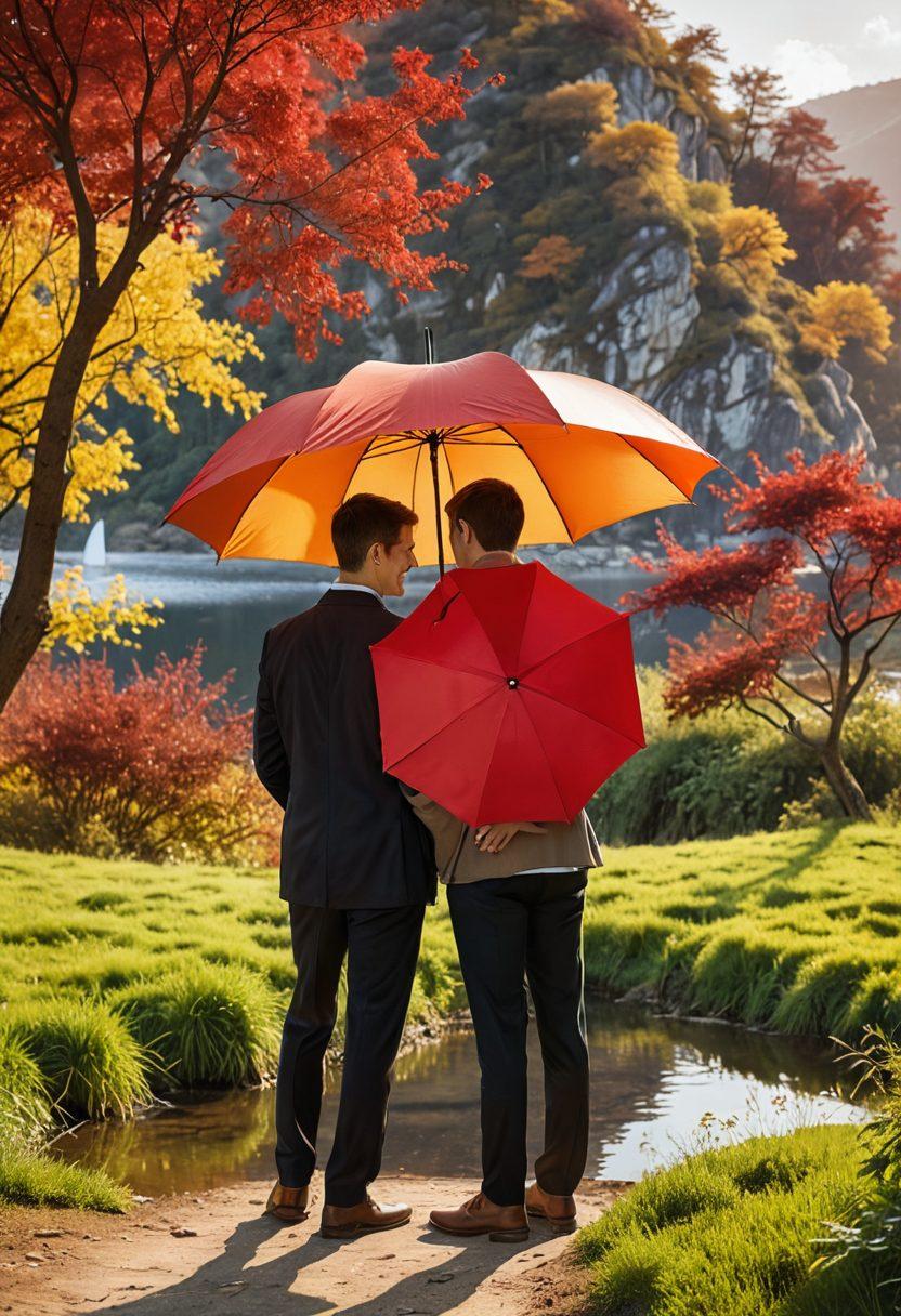 A couple exchanging affectionate glances under a heart-shaped umbrella, surrounded by documents and calculators symbolizing financial planning. In the background, a serene landscape reflects tranquility and security, embodying peace of mind. Warm colors like red and gold enhance the theme of love intertwined with financial protection. super-realistic. vibrant colors. 3D.