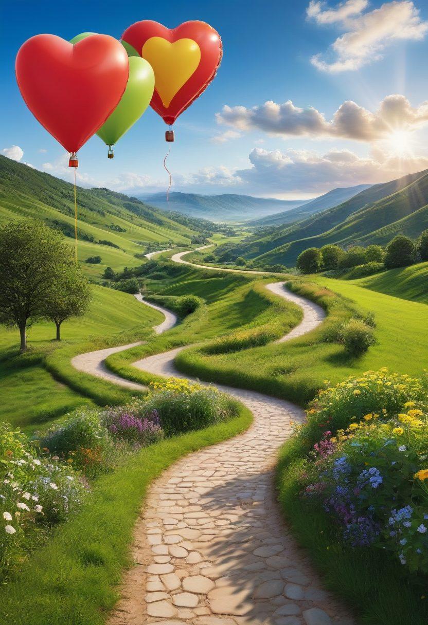 A serene pathway winding through a green landscape, symbolizing a journey with various signposts representing different types of insurance policies like health, auto, and life. The sun is shining gently, with soft clouds in a bright blue sky, and a heart-shaped balloon hovering above to signify emotional well-being. Include a diverse group of people happily discussing their insurance options along the path. vibrant colors. super-realistic.